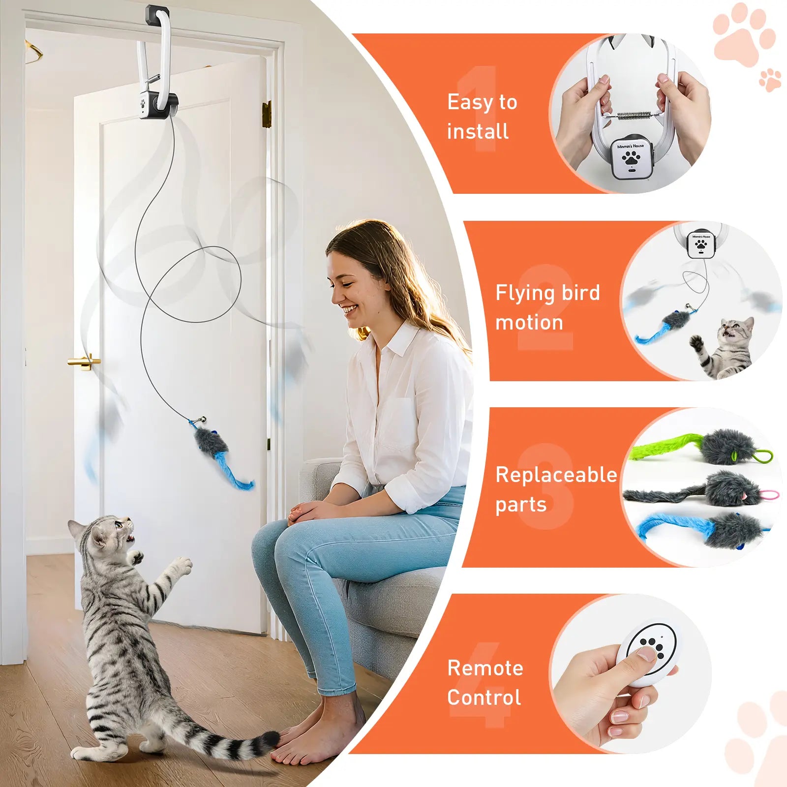 Minmin'S House Rechargeable Electric Cat Teaser with Remote – Interactive Door Clip Teaser for Cats, 2 Motion Modes (360° Spin & Irregular Jumping), Smart Auto Cat Toy for Exercise & Fun Tiktokshopspringglowup Summervibes