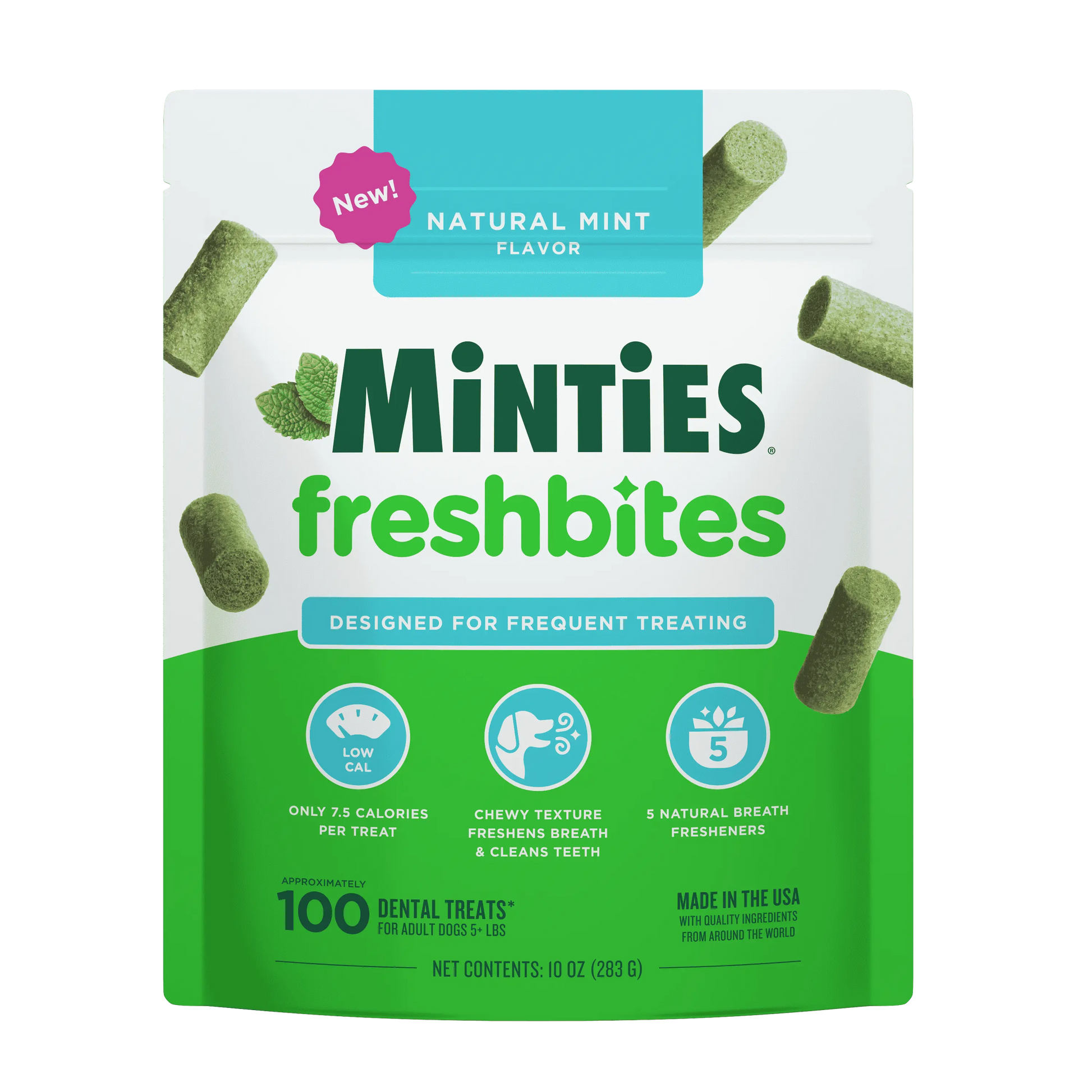Minties Freshbites Soft and Chewy Dental Treats for Dogs, Low Calorie Natural Mint Flavored Dental Chews for Dogs, 100 Count, Chews Clean Teeth, Fight Bad Breath, and Removes Plaque and Tartar