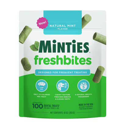 Minties Freshbites Soft and Chewy Dental Treats for Dogs, Low Calorie Natural Mint Flavored Dental Chews for Dogs, 100 Count, Chews Clean Teeth, Fight Bad Breath, and Removes Plaque and Tartar