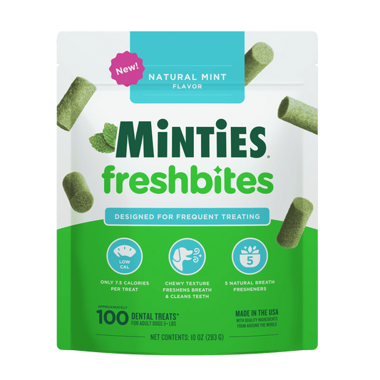 Minties Freshbites Soft and Chewy Dental Treats for Dogs, Low Calorie Natural Mint Flavored Dental Chews for Dogs, 100 Count, Chews Clean Teeth, Fight Bad Breath, and Removes Plaque and Tartar