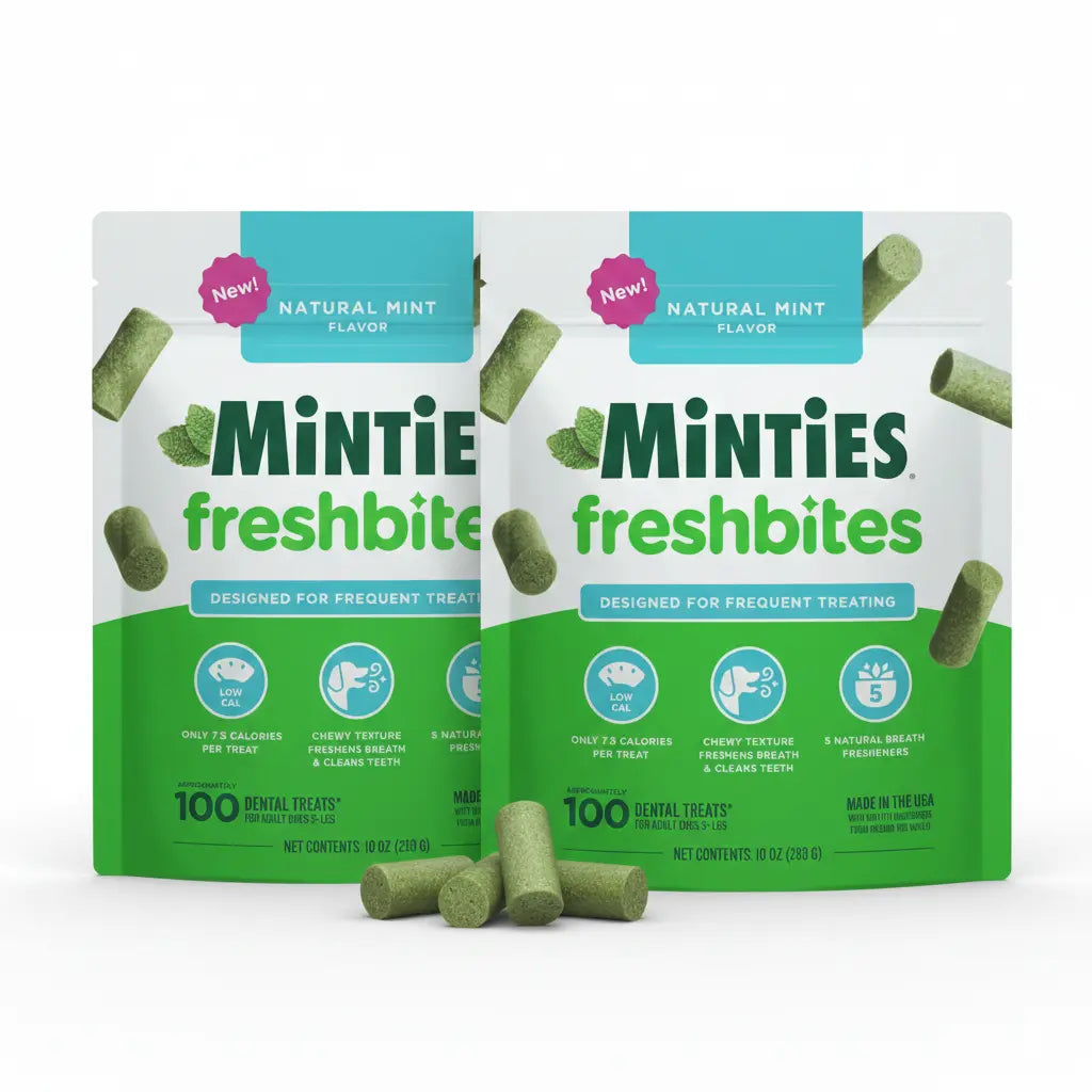 Minties Freshbites Soft and Chewy Dental Treats for Dogs, Low Calorie Natural Mint Flavored Dental Chews for Dogs, 100 Count, Chews Clean Teeth, Fight Bad Breath, and Removes Plaque and Tartar