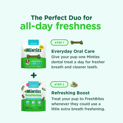 Minties Freshbites Soft and Chewy Dental Treats for Dogs, Low Calorie Natural Mint Flavored Dental Chews for Dogs, 100 Count, Chews Clean Teeth, Fight Bad Breath, and Removes Plaque and Tartar