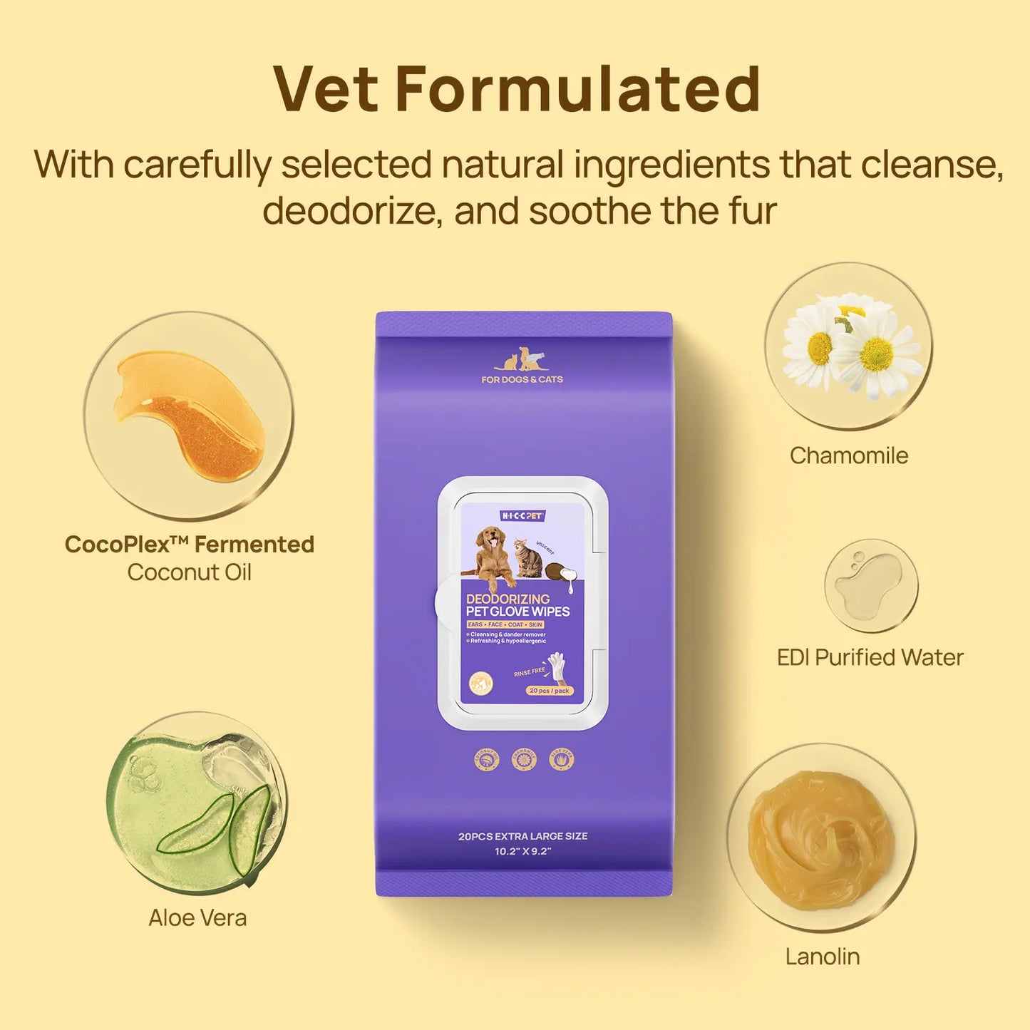 HICC PET Grooming Wipes - 20Pcs Disposable Dog & Cat Hair Removal Tool, Hypoallergenic No-Rinse, Deodorizing, Natural Oils Formulated, Sticky Hair Control, Outdoor Use Skin Care,Summervibes