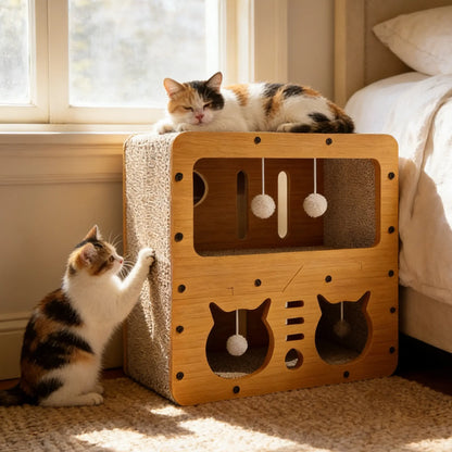 【Already Have 10K Favorites】2 in 1 Cat Bed with Scratching Board Pet Furniture for Indoor Cats Suitable for Multiple Cats Durable Double Layer Design Cat Bed Stylish and Comfortable Cat Furniture for All Seasons Wooden Cat Bed Summervibes Petlovers