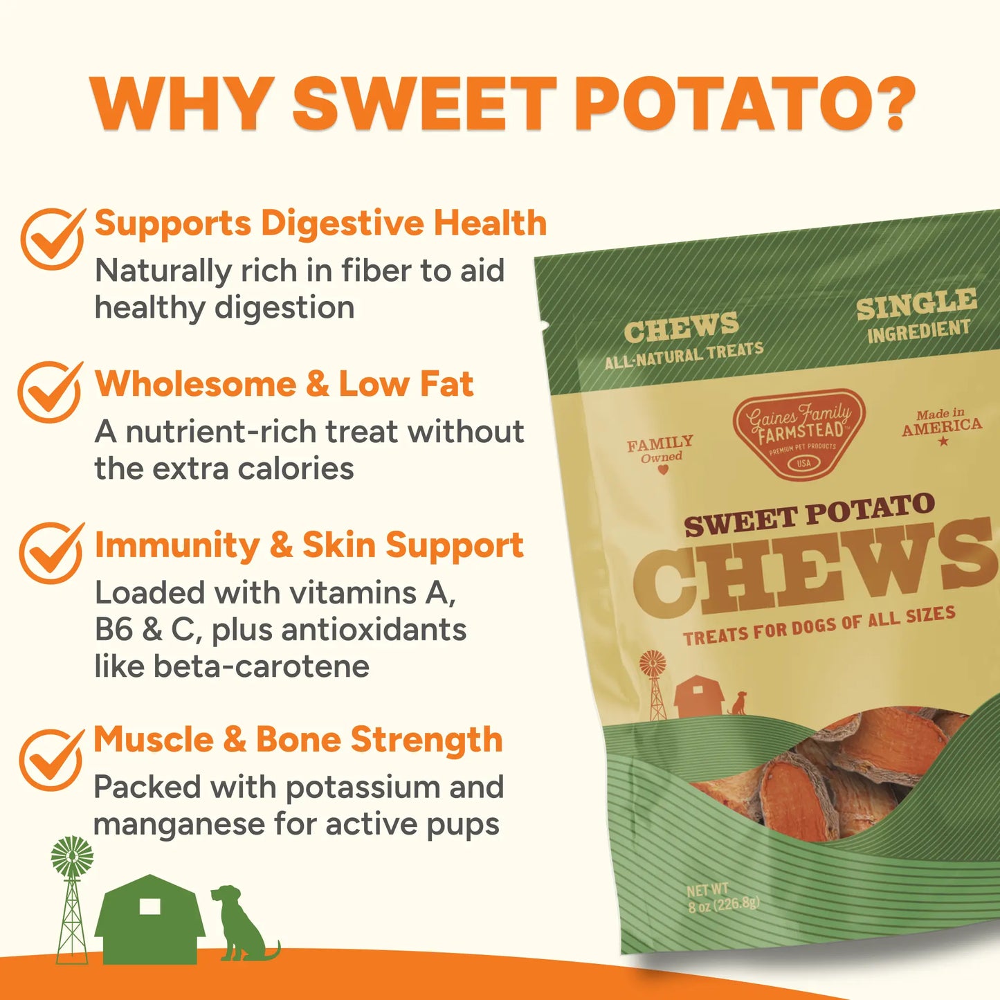 Gaines Family Farmstead Sweet Potato Chews for Dogs, Single Ingredient Dog Treats - No Additives or Preservatives