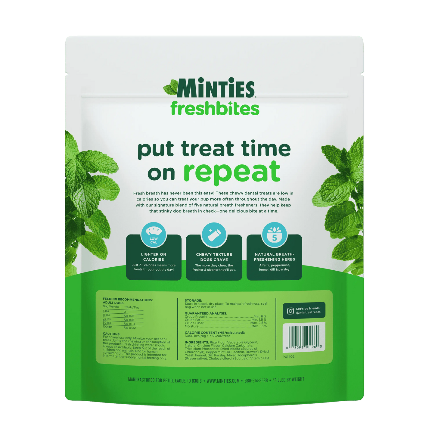Minties Freshbites Soft and Chewy Dental Treats for Dogs, Low Calorie Natural Mint Flavored Dental Chews for Dogs, 100 Count, Chews Clean Teeth, Fight Bad Breath, and Removes Plaque and Tartar