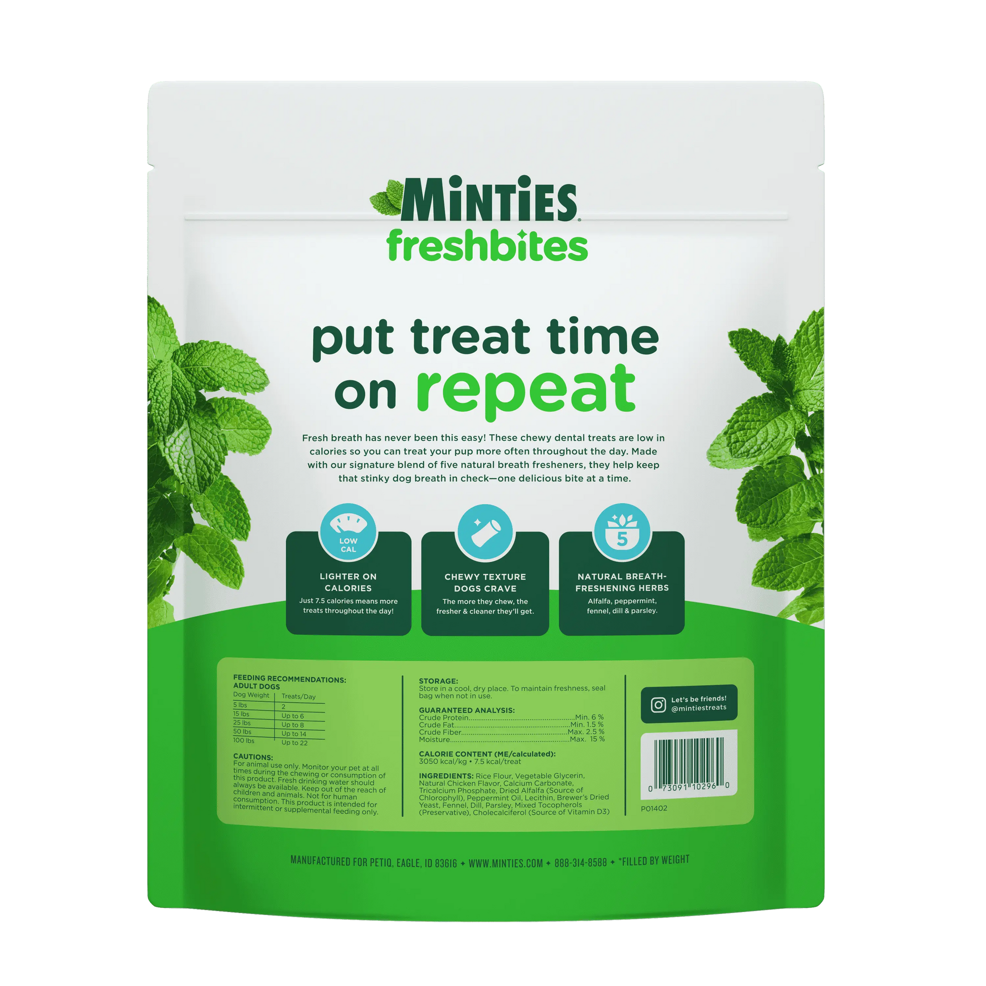 Minties Freshbites Soft and Chewy Dental Treats for Dogs, Low Calorie Natural Mint Flavored Dental Chews for Dogs, 100 Count, Chews Clean Teeth, Fight Bad Breath, and Removes Plaque and Tartar
