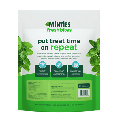 Minties Freshbites Soft and Chewy Dental Treats for Dogs, Low Calorie Natural Mint Flavored Dental Chews for Dogs, 100 Count, Chews Clean Teeth, Fight Bad Breath, and Removes Plaque and Tartar