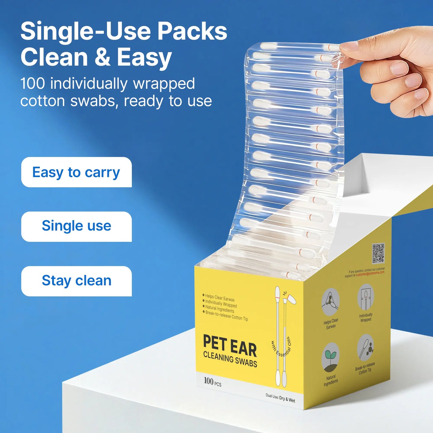 Pawfirst Pet Ear Cleaning Cotton Swabs 100 Pack, Individually Wrapped Break-To-Release Ear Swabs, Earwax & Odor Remover for Dogs & Cats, Aloe, Witch Hazel & Chamomile Formula