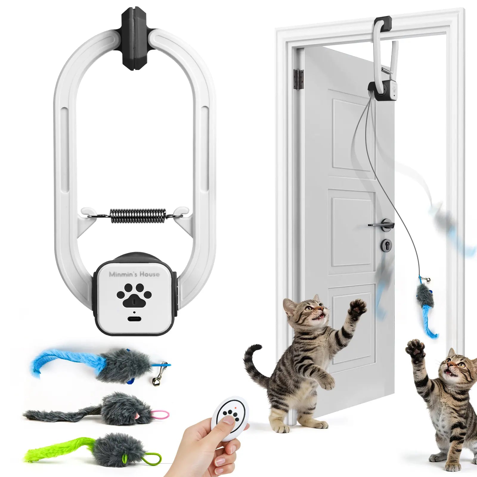 Minmin'S House Rechargeable Electric Cat Teaser with Remote – Interactive Door Clip Teaser for Cats, 2 Motion Modes (360° Spin & Irregular Jumping), Smart Auto Cat Toy for Exercise & Fun Tiktokshopspringglowup Summervibes