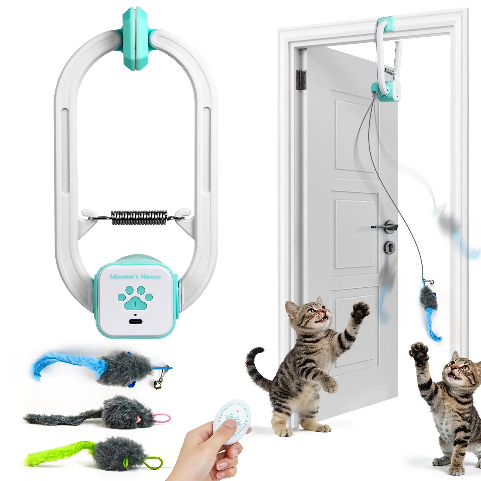 Minmin'S House Rechargeable Electric Cat Teaser with Remote – Interactive Door Clip Teaser for Cats, 2 Motion Modes (360° Spin & Irregular Jumping), Smart Auto Cat Toy for Exercise & Fun Tiktokshopspringglowup Summervibes