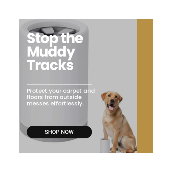 Product advertisement with a dog and text about stopping muddy tracks on carpet and floors.